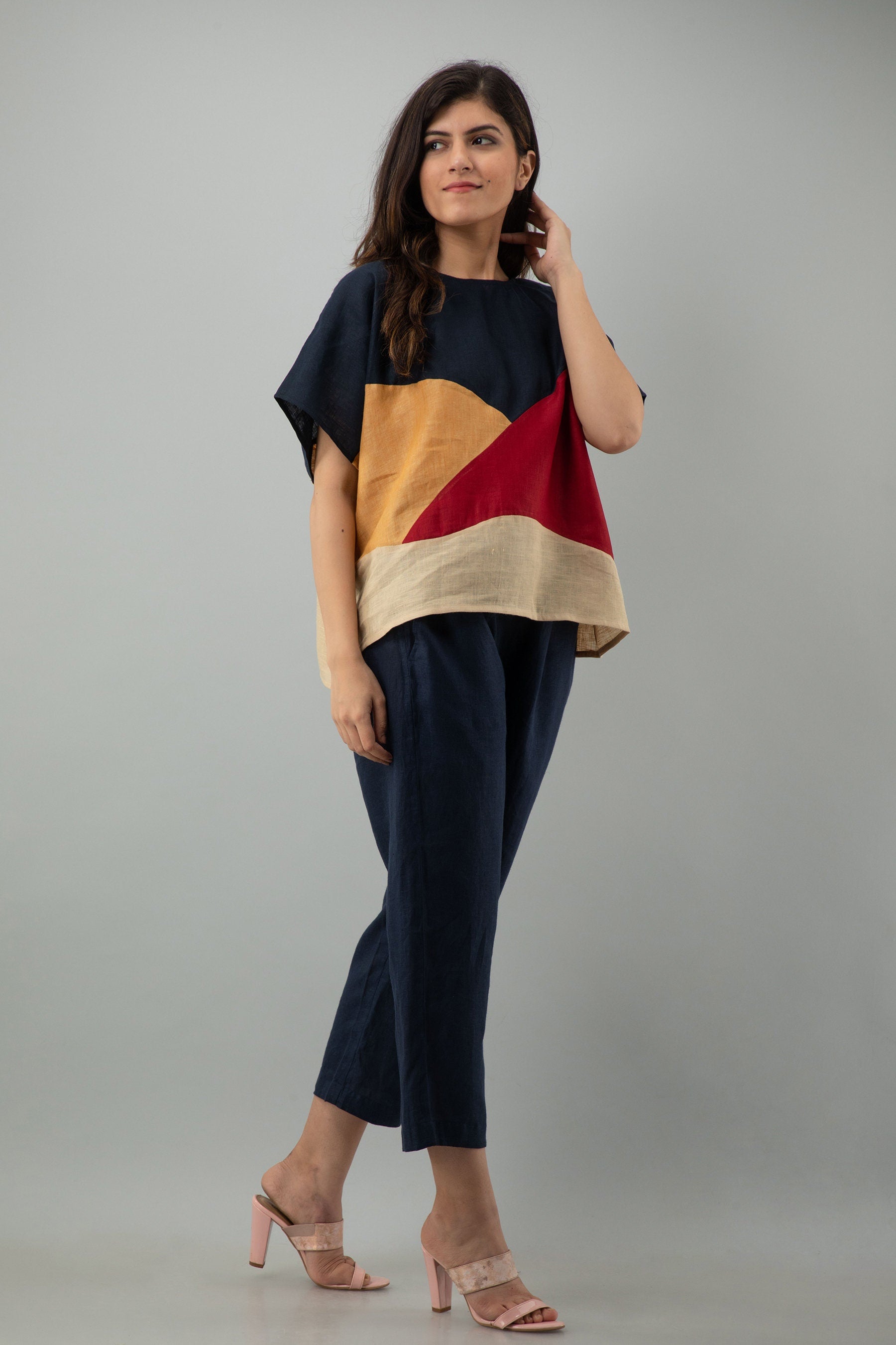 Colorblock Linen Top, Abstract Art Oversized Blouse for Women, Boho Square Fit Flax Shirt, Handmade Multicolor Summer Tops, Gift for Mom