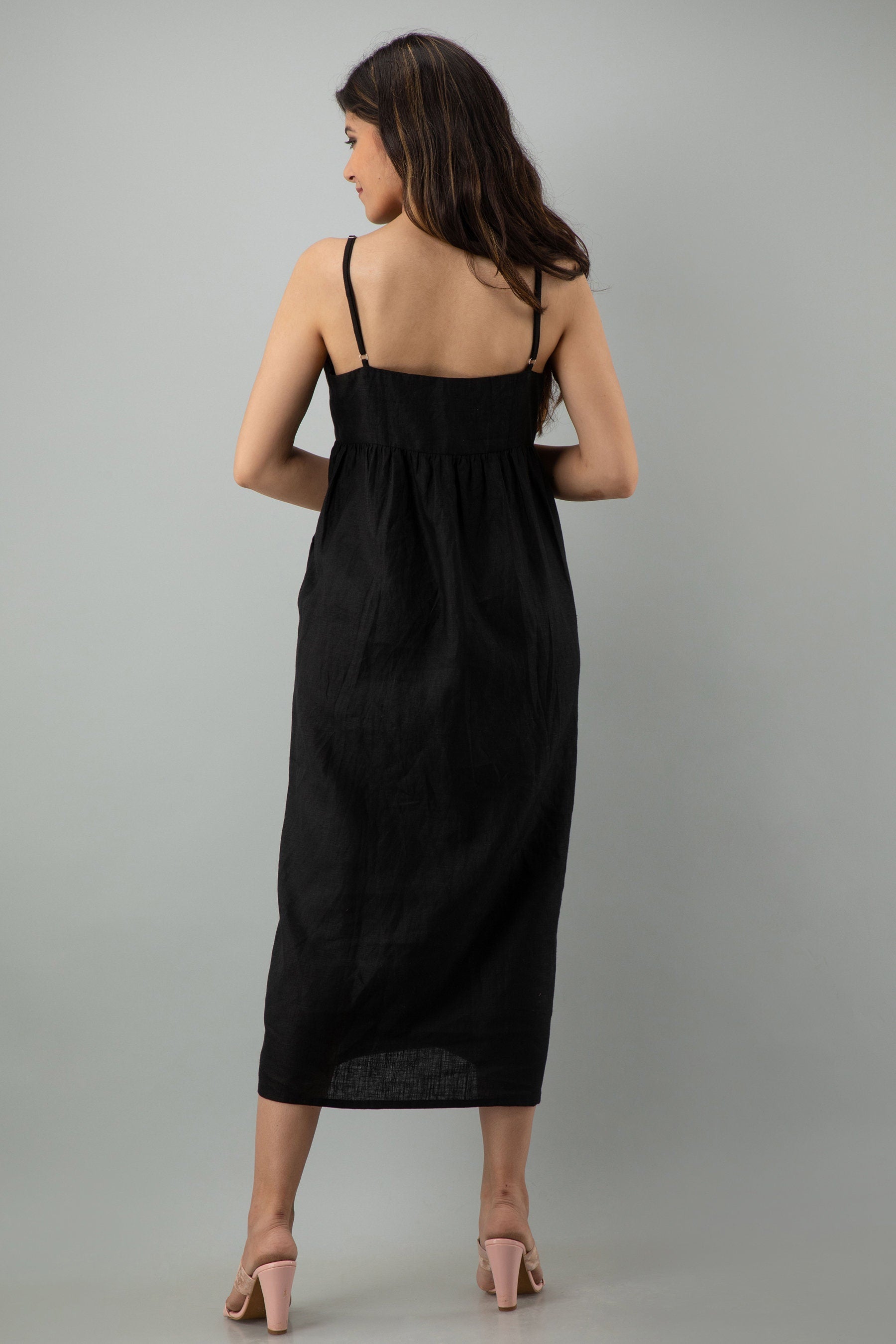 Black Linen Maxi Dress, Sleeveless Summer Dress with Straps, Minimalist Handmade Casual Dress with Pockets, plus size clothing