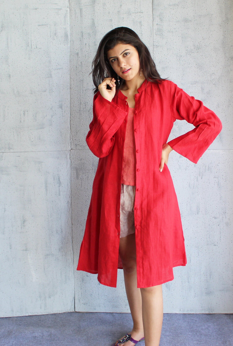 Red Linen Shirt, Long button down Linen shirt, Linen Red kimono, Maternity dress, Long Sleeve Cottagecore Dress, Button Front