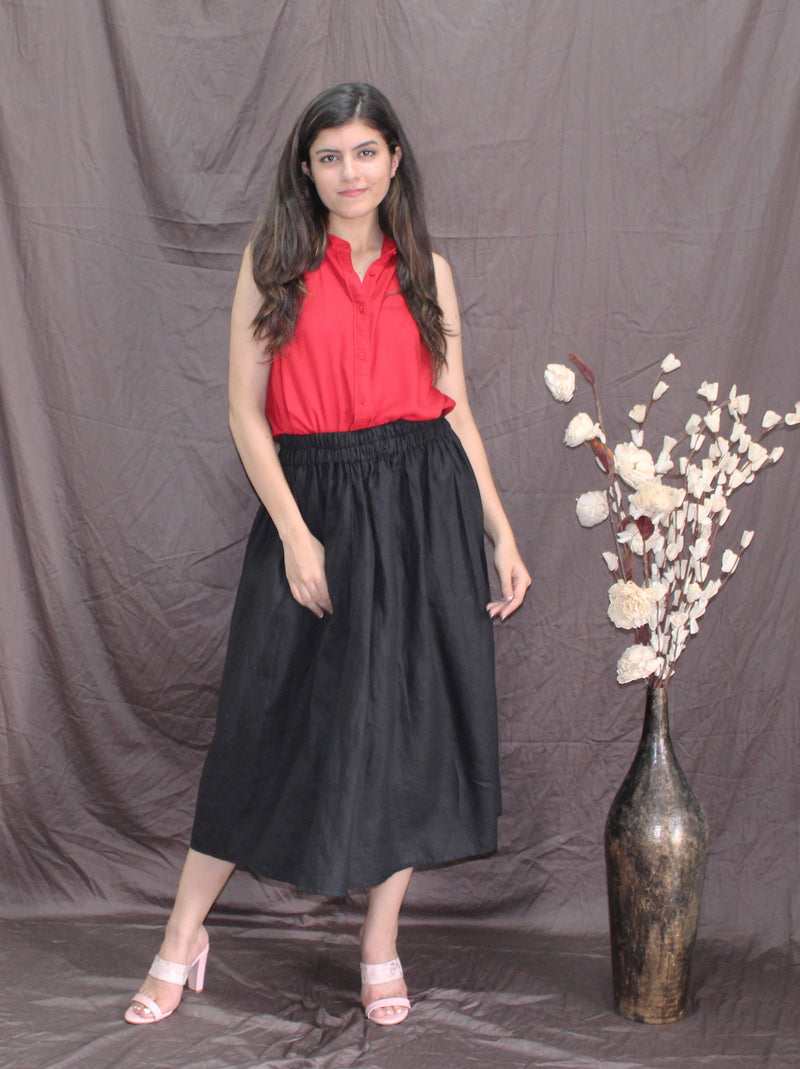 Black Linen Midi Skirt: Pleated Flared Skirt with Pockets