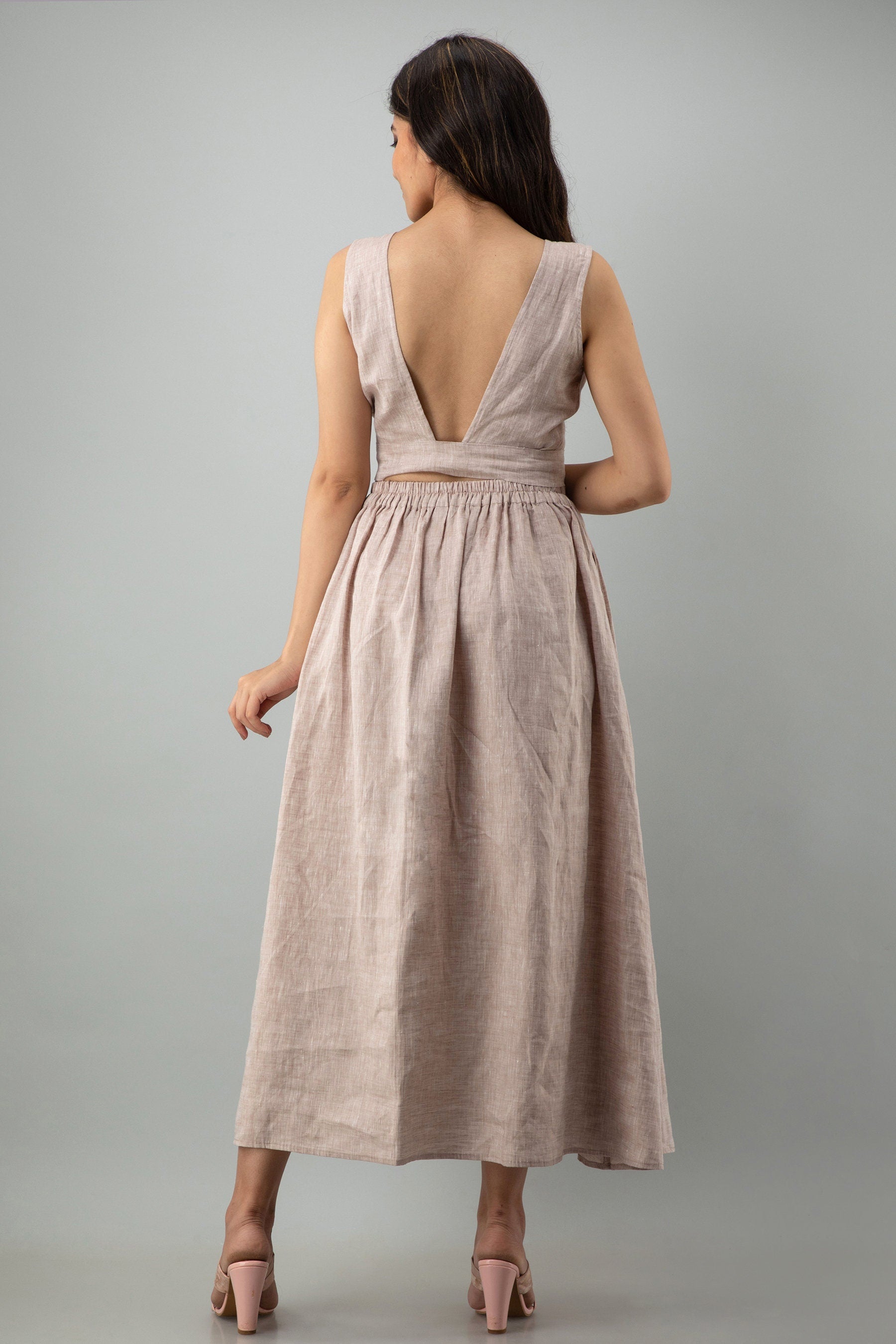 Linen Crop Top and Maxi Skirt Set: Back Tie Top, Natural Flax Half Elastic Skirt
