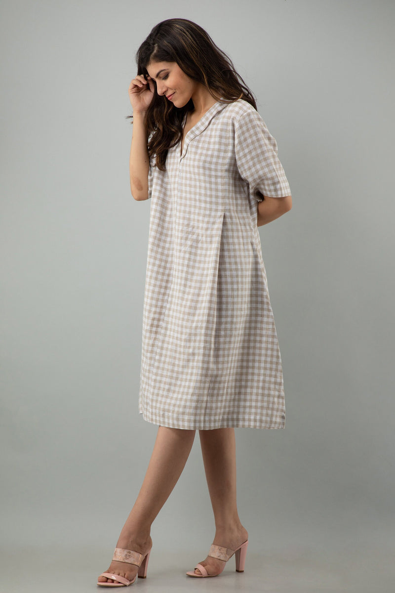 Checkered Linen Midi Dress: Beige Casual Sustainable Tunic