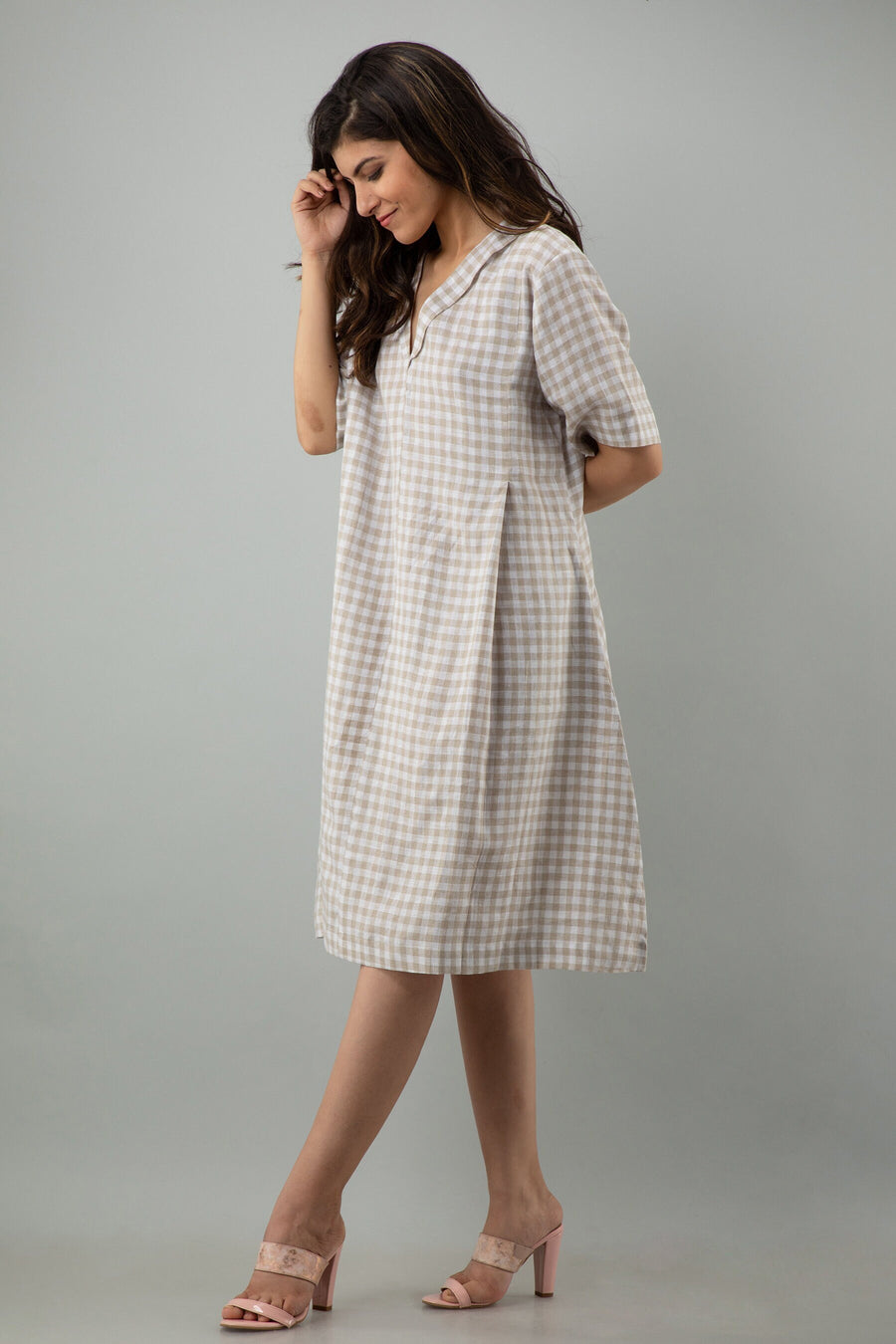 Checkered Linen Midi Dress: Beige Casual Sustainable Tunic