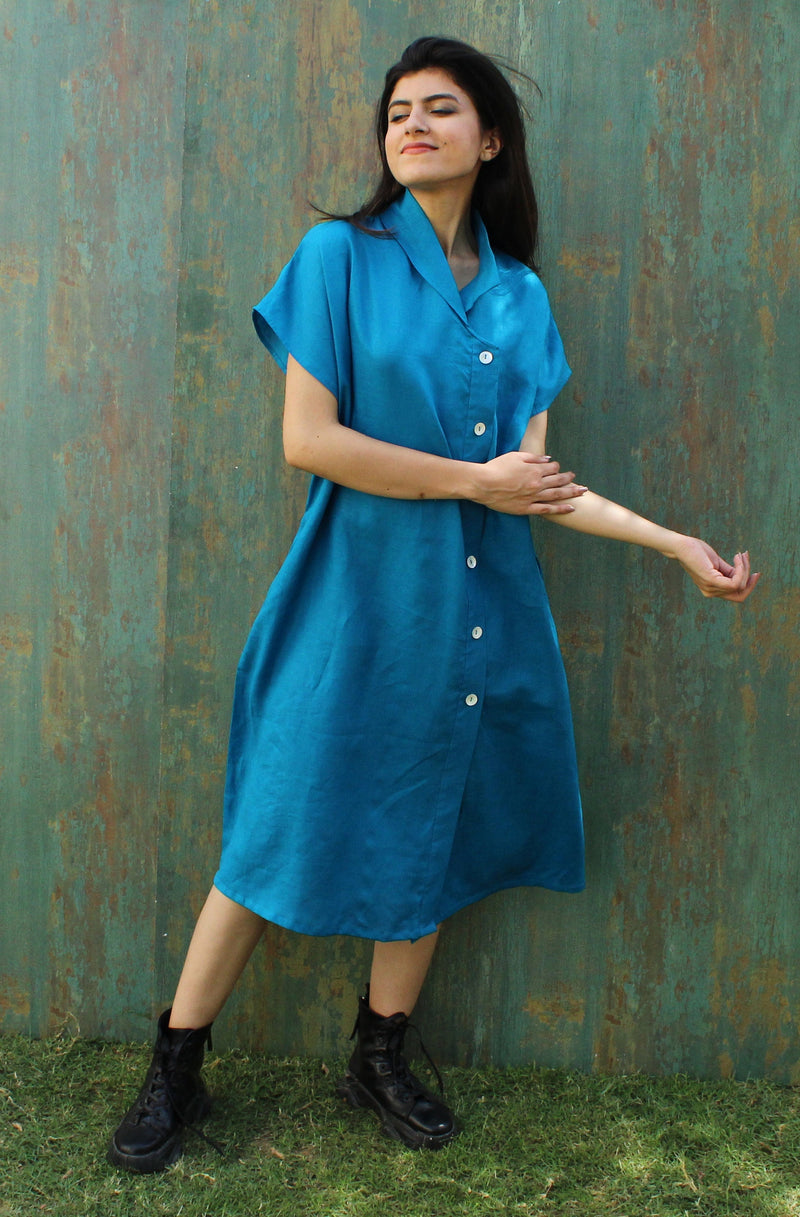 Blue Linen Shirt Dress with Pockets, photo 2
