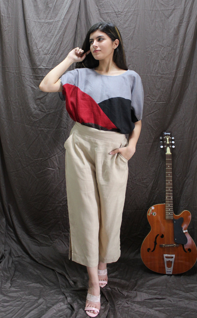 Beige Wide Leg Linen Culottes: Cropped Trousers with Side Slit