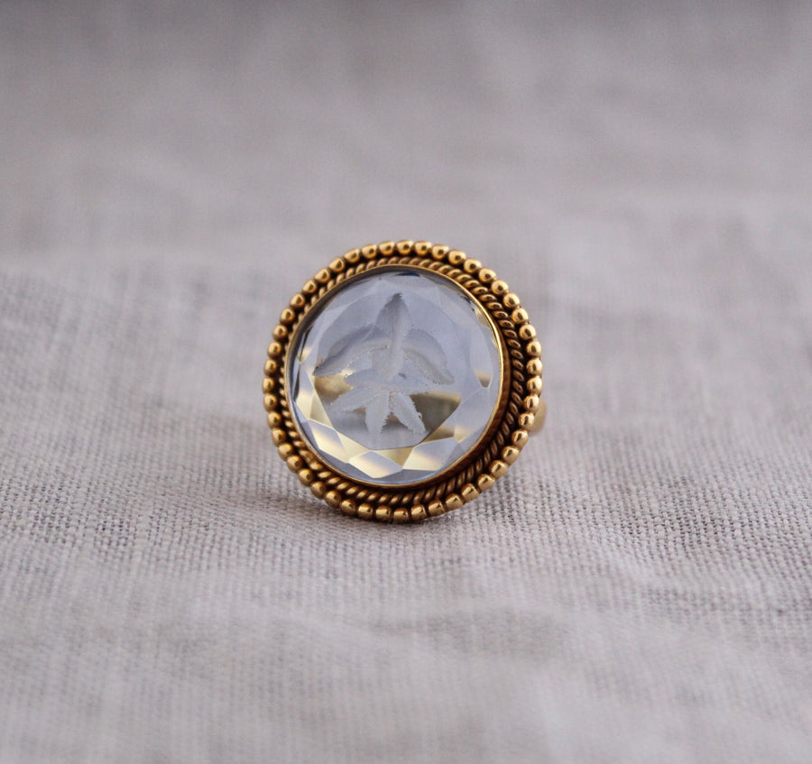 Blue Intaglio Cocktail Ring, Roman Style Carved Glass, Gold Plated, photo 4