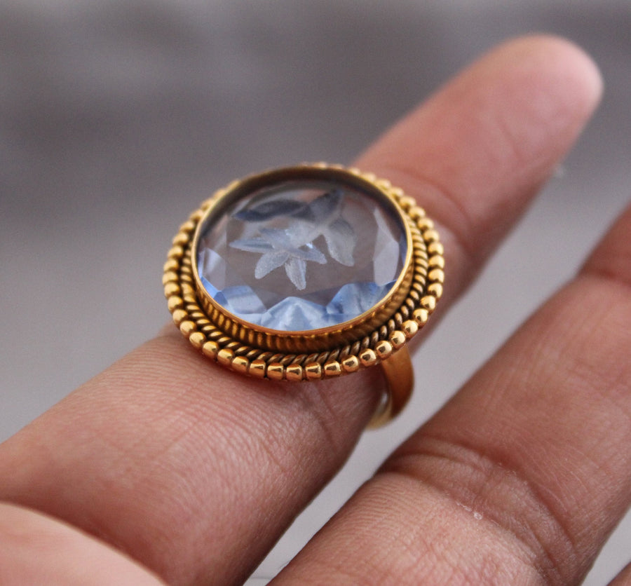 Blue Intaglio Cocktail Ring, Roman Style Carved Glass, Gold Plated