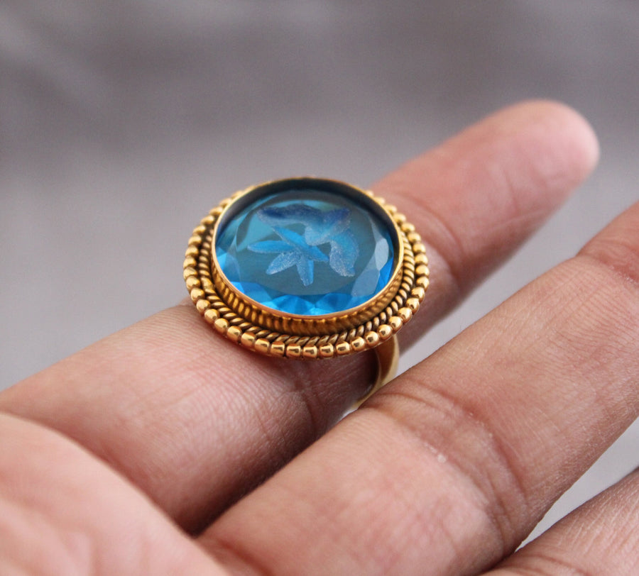 Blue Glass Intaglio Cocktail Ring, Victorian Signet, Gold Vermeil, photo 4