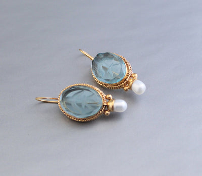Blue Glass Intaglio Earrings, Victorian Style, Gold, photo 8