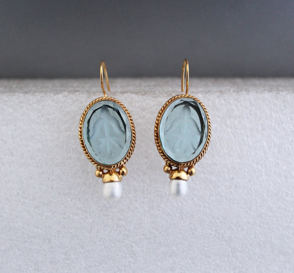 Blue Glass Intaglio Earrings, Victorian Style, Gold, photo 6