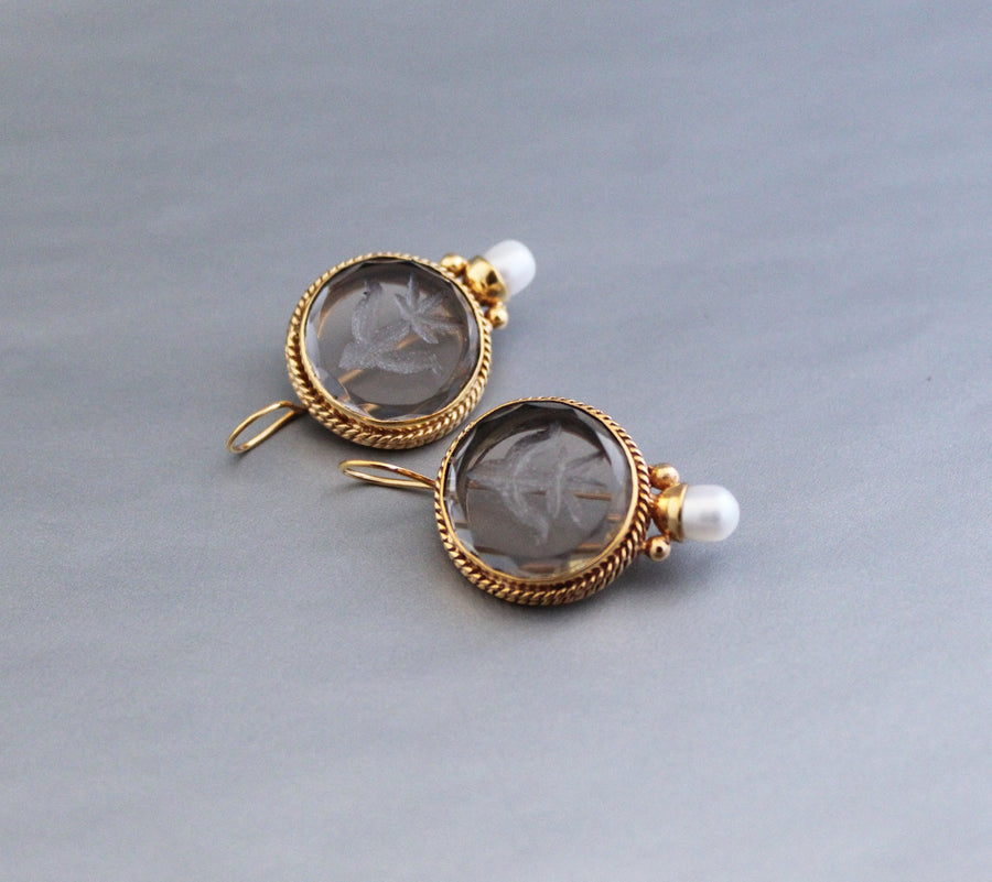 Smoky Quartz Intaglio Drop Earrings, Victorian Style, Brass, photo 13