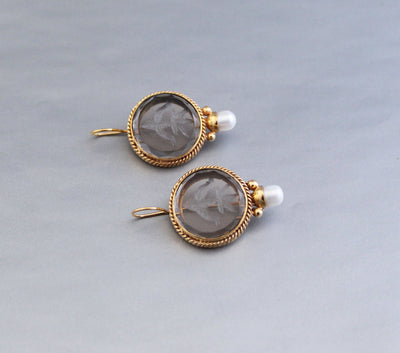 Smoky Quartz Intaglio Drop Earrings, Victorian Style, Brass, photo 9