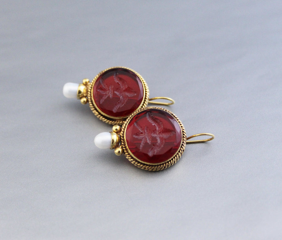 Red Intaglio Crystal Earrings, Gold Filled, photo 6