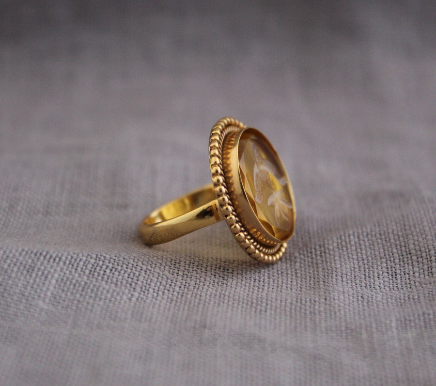 Yellow Fleur-de-lis Intaglio Ring, Victorian Cocktail Ring, photo 9