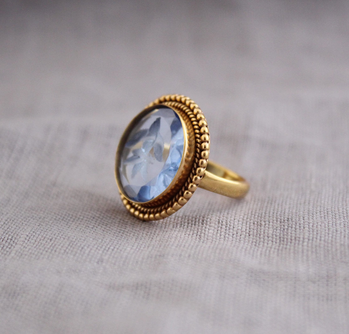 Blue Intaglio Cocktail Ring, Roman Style Carved Glass, Gold Plated, photo 3