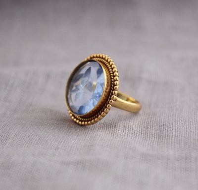 Blue Intaglio Cocktail Ring, Roman Style Carved Glass, Gold Plated, photo 3