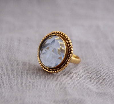 Blue Intaglio Cocktail Ring, Roman Style Carved Glass, Gold Plated, photo 5