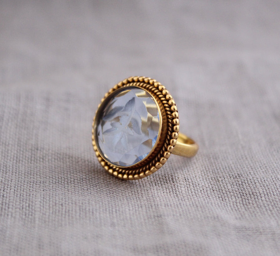 Blue Intaglio Cocktail Ring, Roman Style Carved Glass, Gold Plated, photo 5