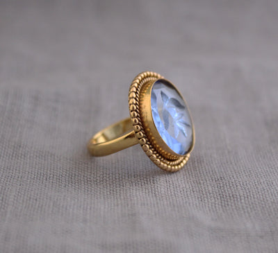 Blue Intaglio Cocktail Ring, Roman Style Carved Glass, Gold Plated, photo 6