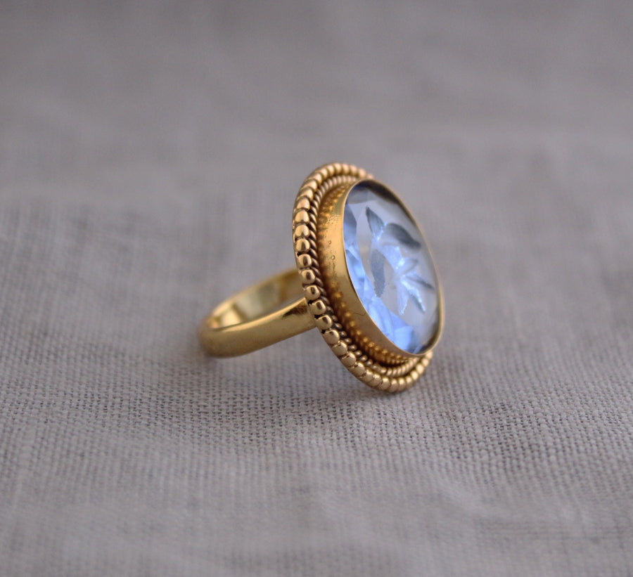 Blue Intaglio Cocktail Ring, Roman Style Carved Glass, Gold Plated, photo 6