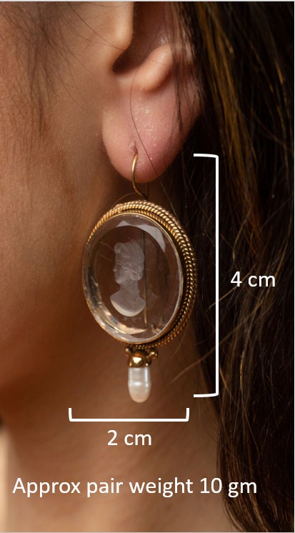 Green Glass Intaglio Earrings, Victorian Brass with Pearl, photo 3