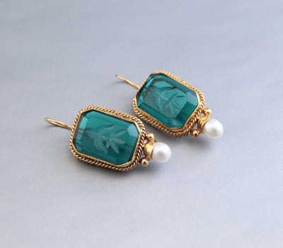 Intaglio Glass Earrings, Vintage Victorian Brass with Pearl, photo 7