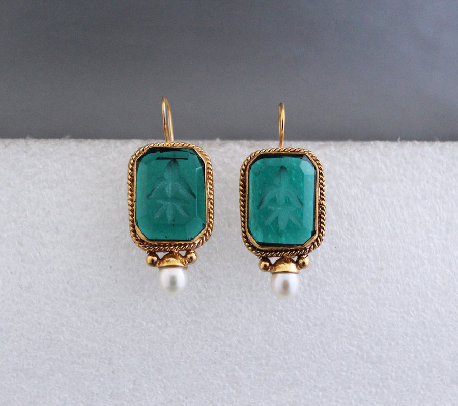 Intaglio Glass Earrings, Vintage Victorian Brass with Pearl, photo 9