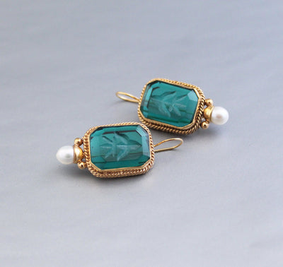 Intaglio Glass Earrings, Vintage Victorian Brass with Pearl, photo 5