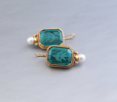 Intaglio Glass Earrings, Vintage Victorian Brass with Pearl, photo 6