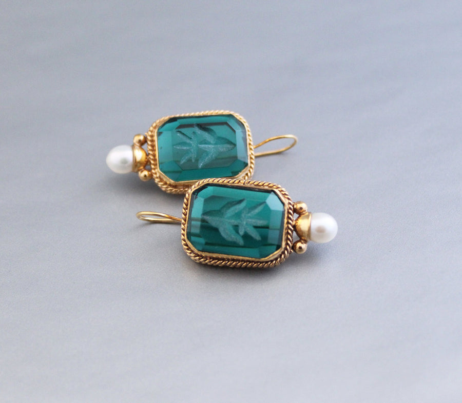Intaglio Glass Earrings, Vintage Victorian Brass with Pearl, photo 6