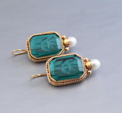 Intaglio Glass Earrings, Vintage Victorian Brass with Pearl