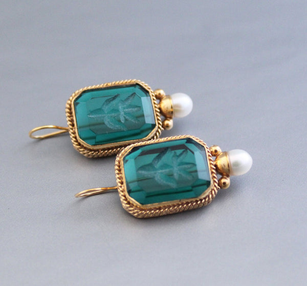 Intaglio Glass Earrings, Vintage Victorian Brass with Pearl
