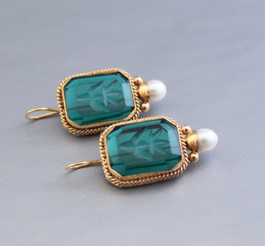 Intaglio Glass Earrings, Vintage Victorian Brass with Pearl