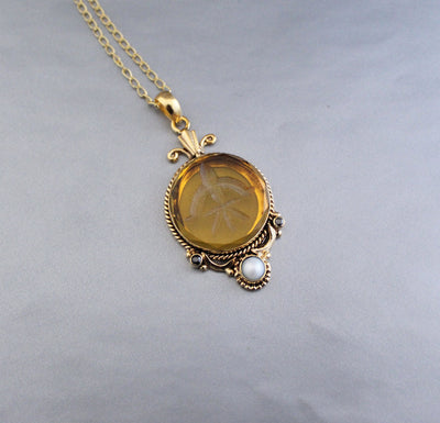 Yellow Intaglio Pendant Necklace, Edwardian Style, Brass, photo 9