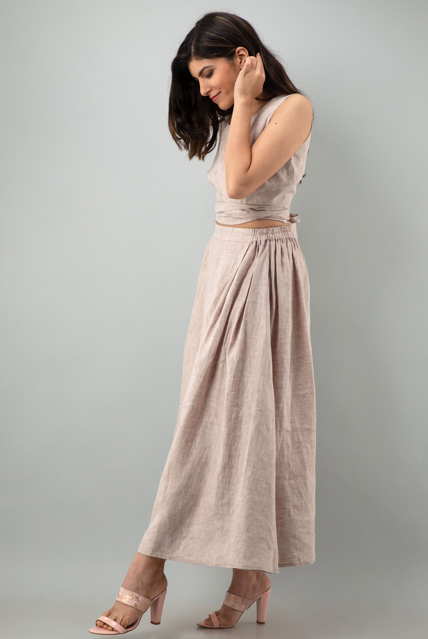 Linen Crop Top and Maxi Skirt Set: Back Tie Top, Natural Flax Half Elastic Skirt