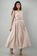 Linen Crop Top and Maxi Skirt Set: Back Tie Top, Natural Flax Half Elastic Skirt