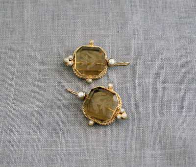 Yellow Glass Intaglio Earrings, Victorian Bridal, Brass with Pearls, photo 10