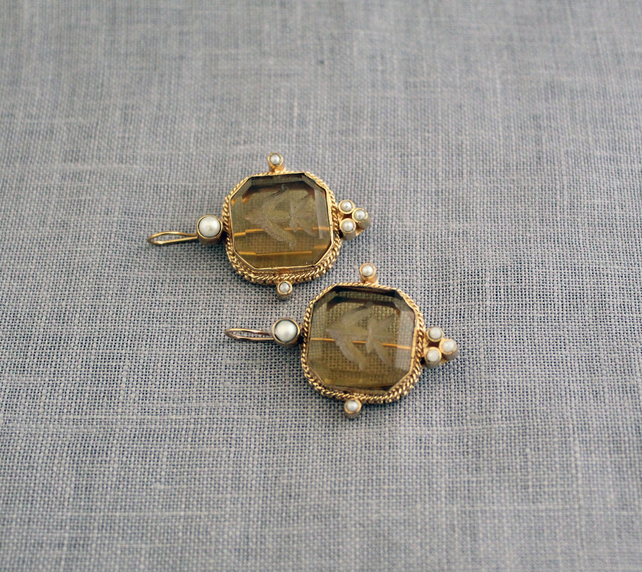 Yellow Glass Intaglio Earrings, Victorian Bridal, Brass with Pearls, photo 11