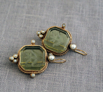 Green Crystal Intaglio Earrings, Victorian Dangles, Gold Brass, photo 9