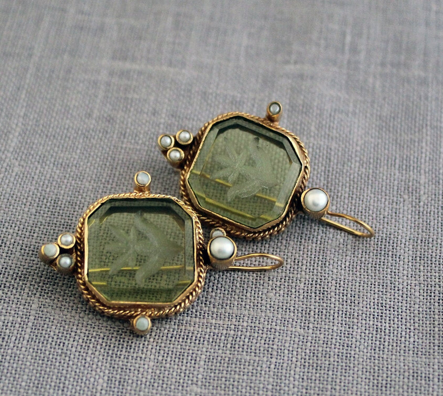 Green Crystal Intaglio Earrings, Victorian Dangles, Gold Brass, photo 9
