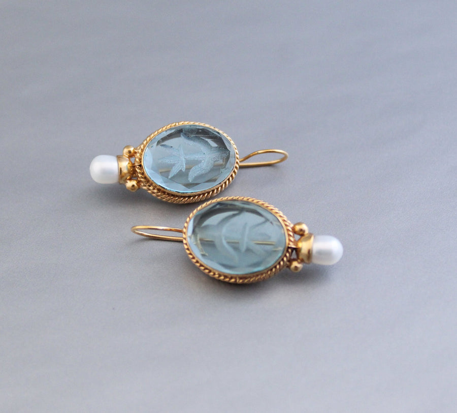 Blue Glass Intaglio Earrings, Victorian Style, Gold, photo 5