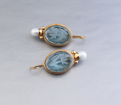 Blue Glass Intaglio Earrings, Victorian Style, Gold, photo 7