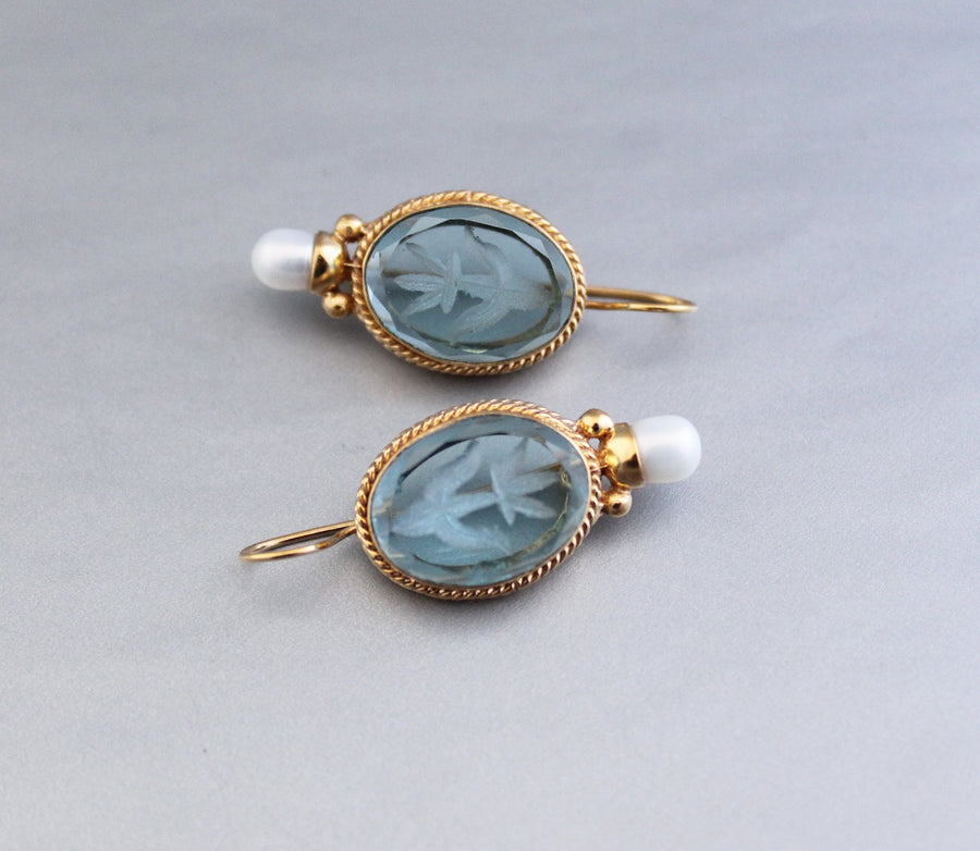 Blue Glass Intaglio Earrings, Victorian Style, Gold, photo 7