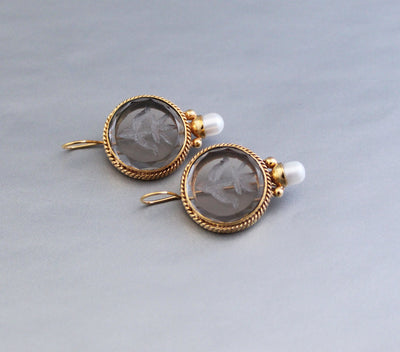 Smoky Quartz Intaglio Drop Earrings, Victorian Style, Brass, photo 10