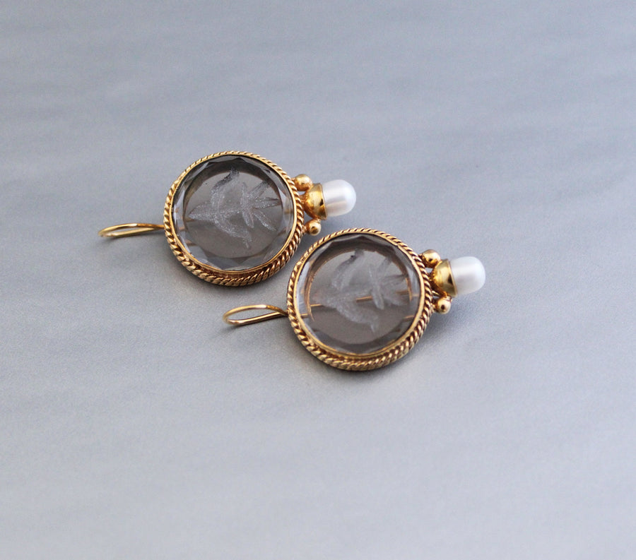 Smoky Quartz Intaglio Drop Earrings, Victorian Style, Brass, photo 10