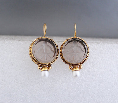 Smoky Quartz Intaglio Drop Earrings, Victorian Style, Brass, photo 7