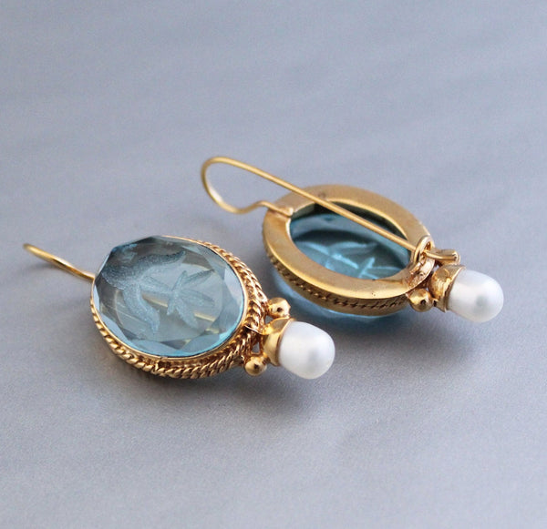 Blue Glass Intaglio Earrings, Victorian Style, Gold