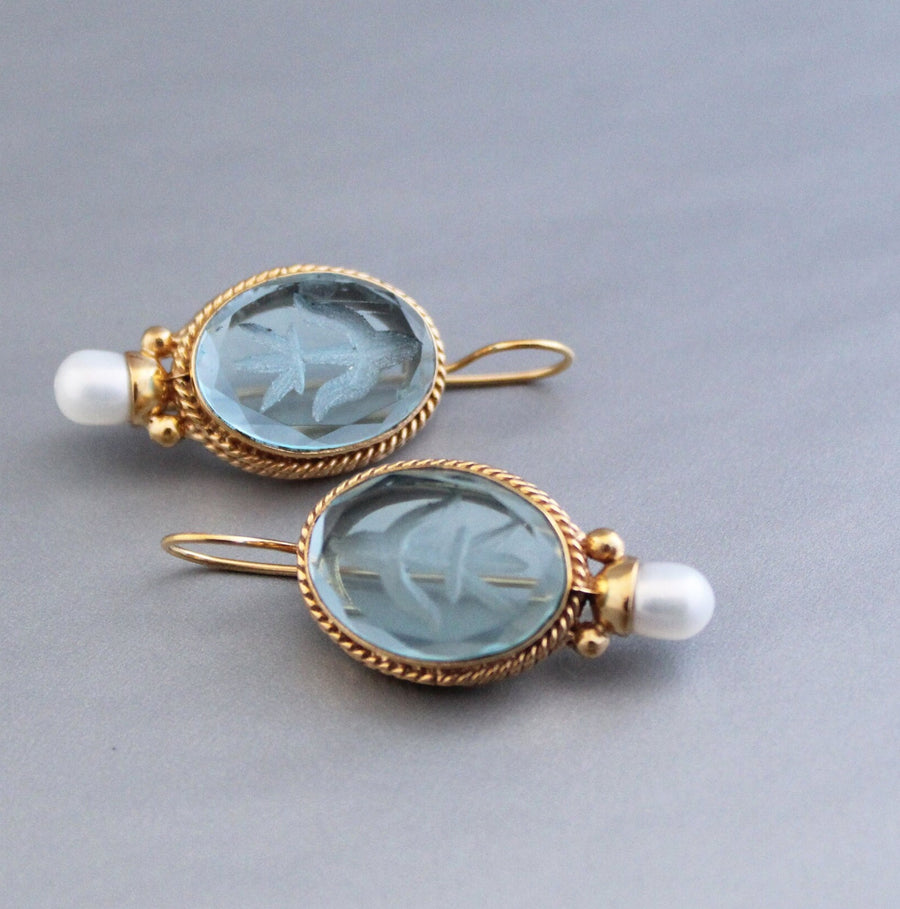 Blue Glass Intaglio Earrings, Victorian Style, Gold, photo 2