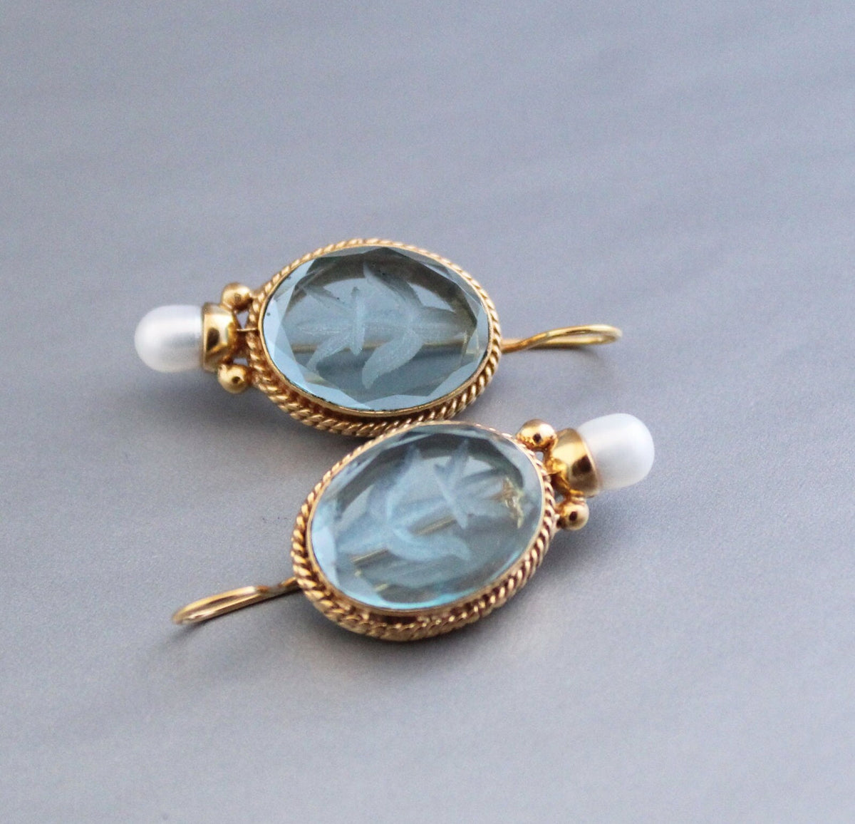Blue Glass Intaglio Earrings, Victorian Style, Gold, photo 4