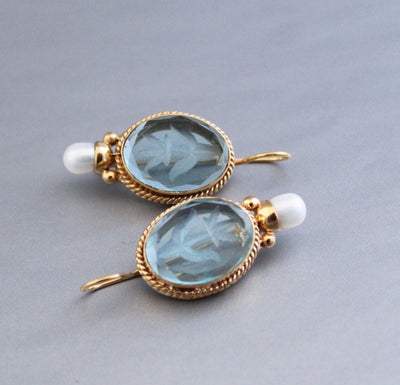 Blue Glass Intaglio Earrings, Victorian Style, Gold, photo 4
